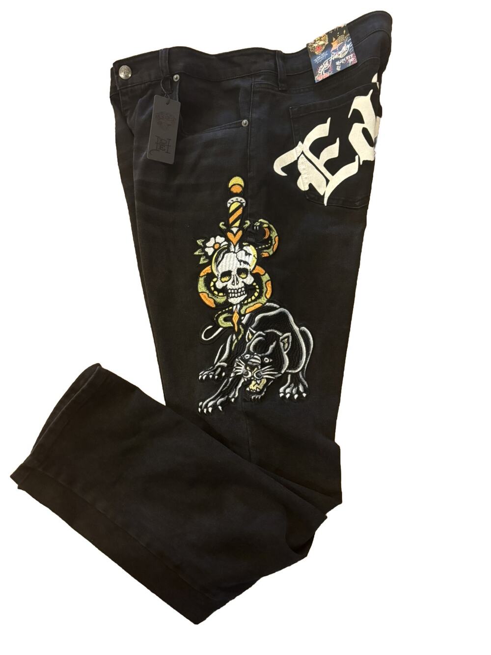 Ed Hardy Slim Jeans Denim Embroidered Skull Snake Panther Black Size 38 NWT